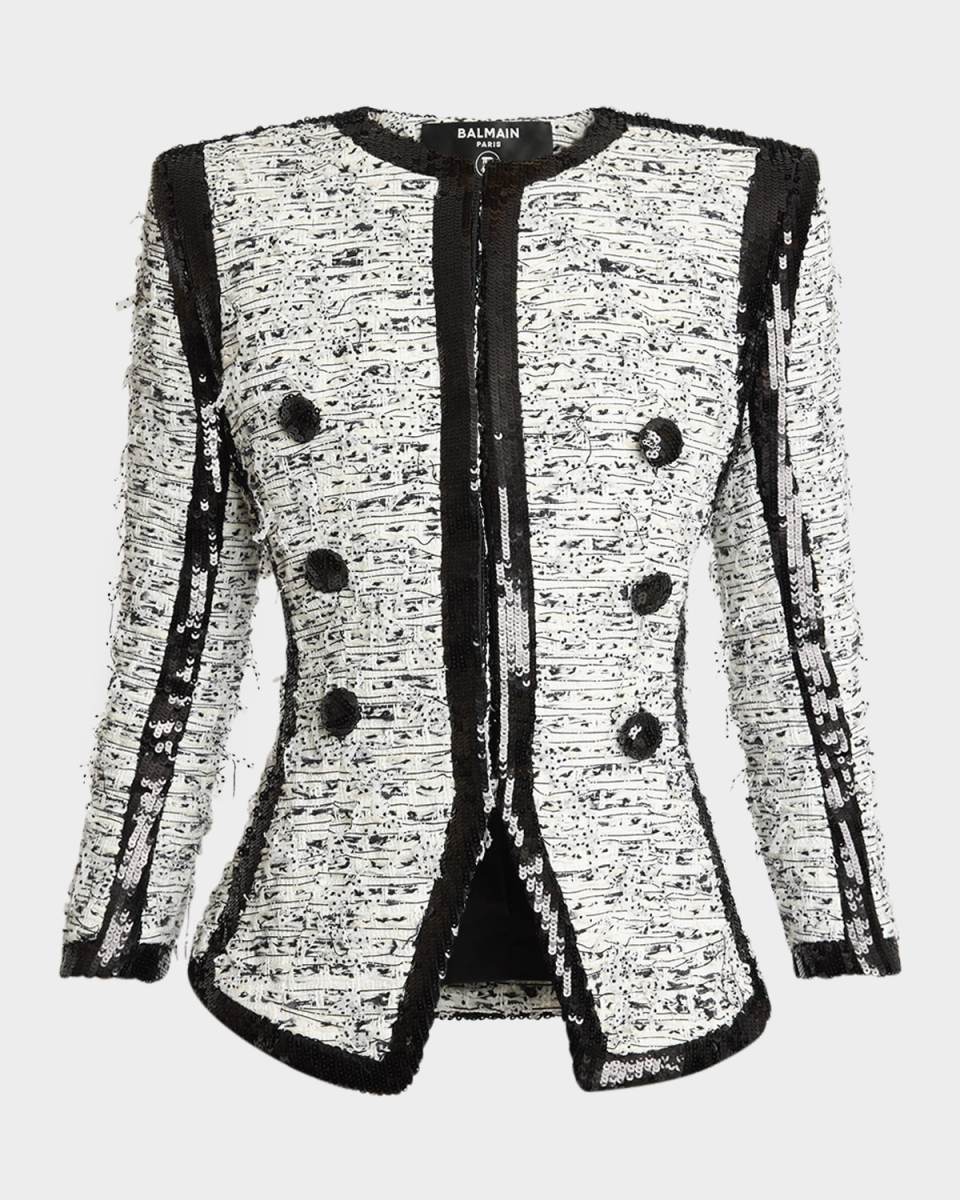 Collarless Raw-Edge Sequined Blazer